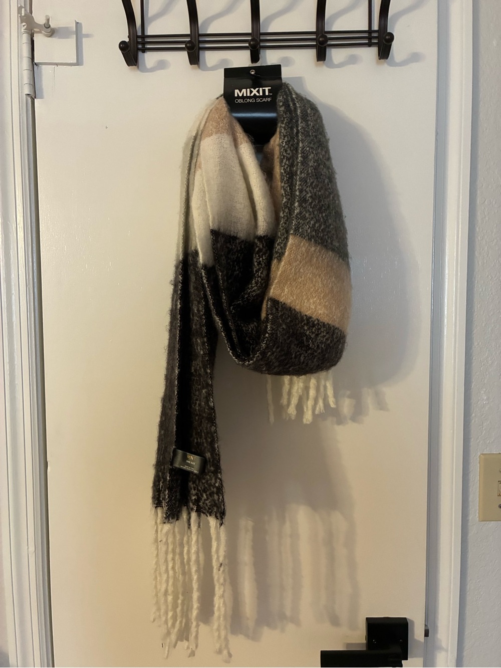 Mixit Colorblock Teddy Scarf in Cream, Tan, and Gray